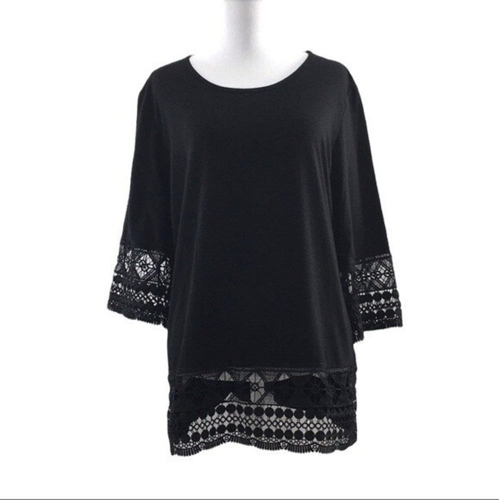 Southern‎ Lady Black Lace Trim Tunic Blouse Womens Medium Bell Sleeve Top
